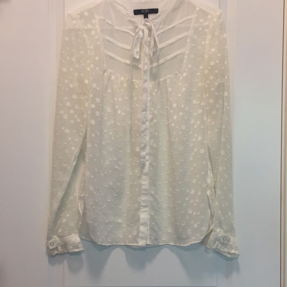 BCBG Paris Sheer Polka Dot Tie Neck Blouse